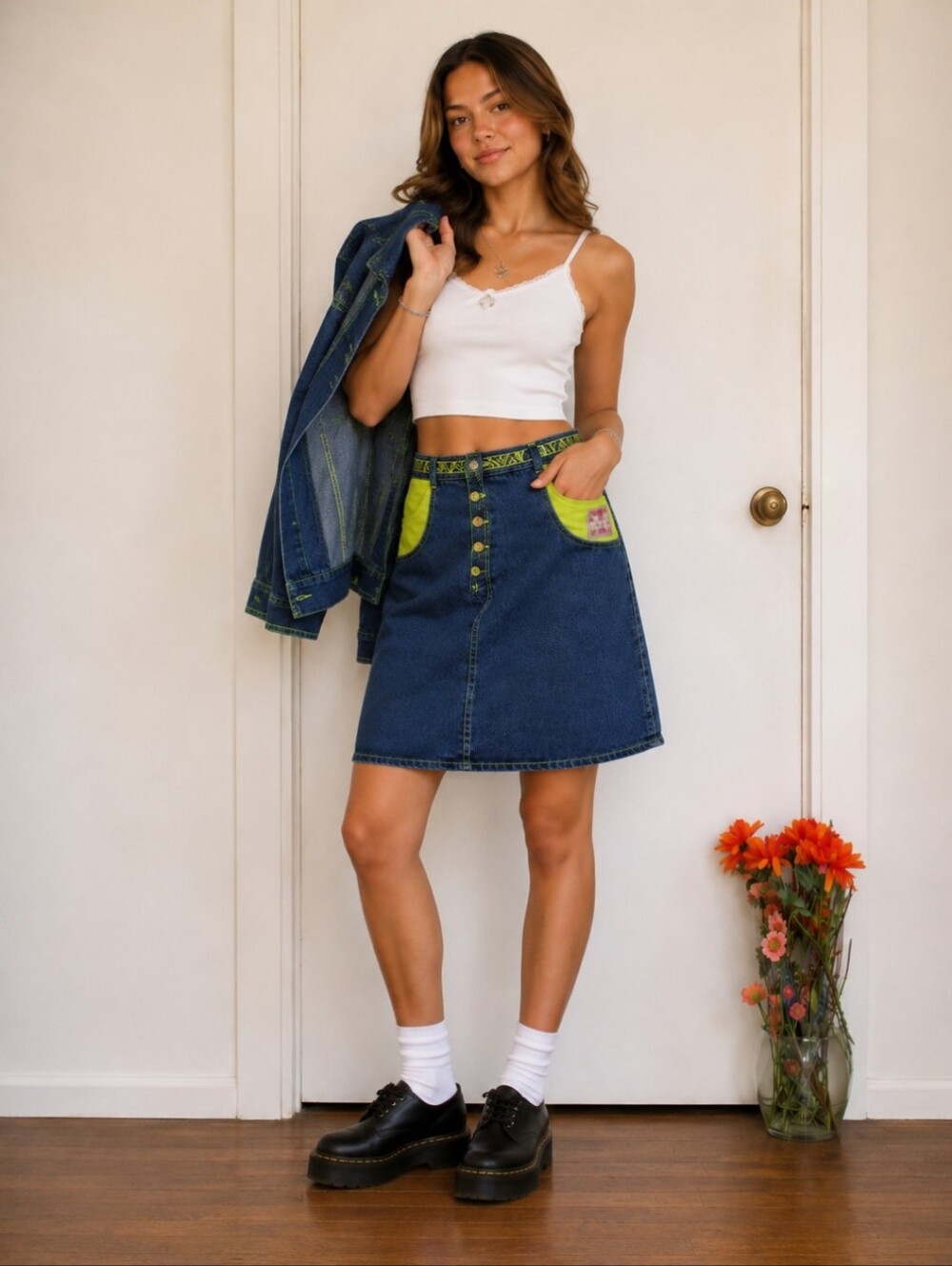 40 | Vintage Denim Skirt US 8/10 Neon Green Stitching Y2K 100% Cotton - Picture 8 of 10